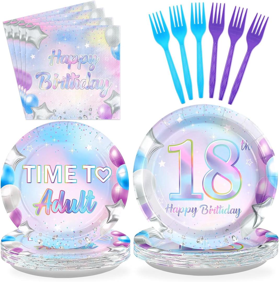 Grencian 96Pcs 18th Birthday Decorations Iridescent 18th Birthday Party Plates Disposable Happy 18 Bir-thday Paper Tableware Set for Teen Girls 18 Years Old Party Supplies Serves 24