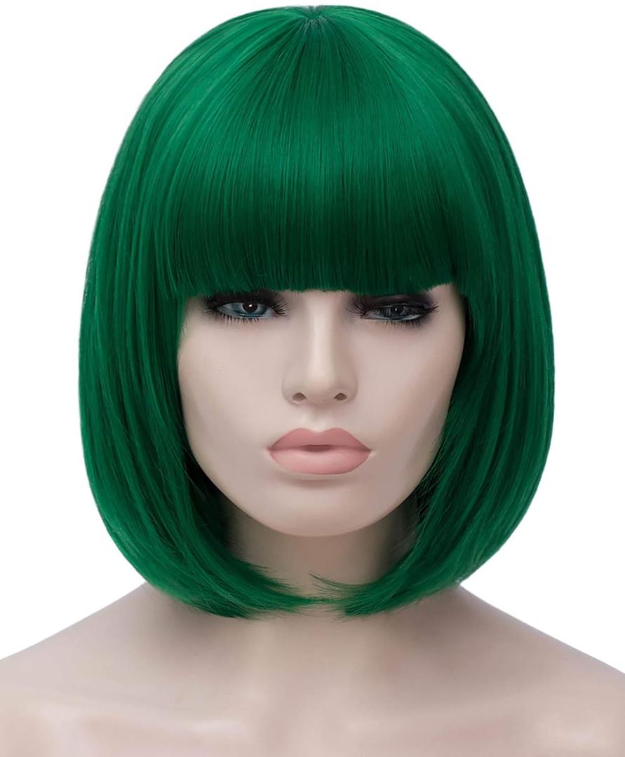 Green Wig Short for Women - St Patrick's Day Bob With Bangs, Natural Synthetic Soft Cute Colored Wig BU027GR