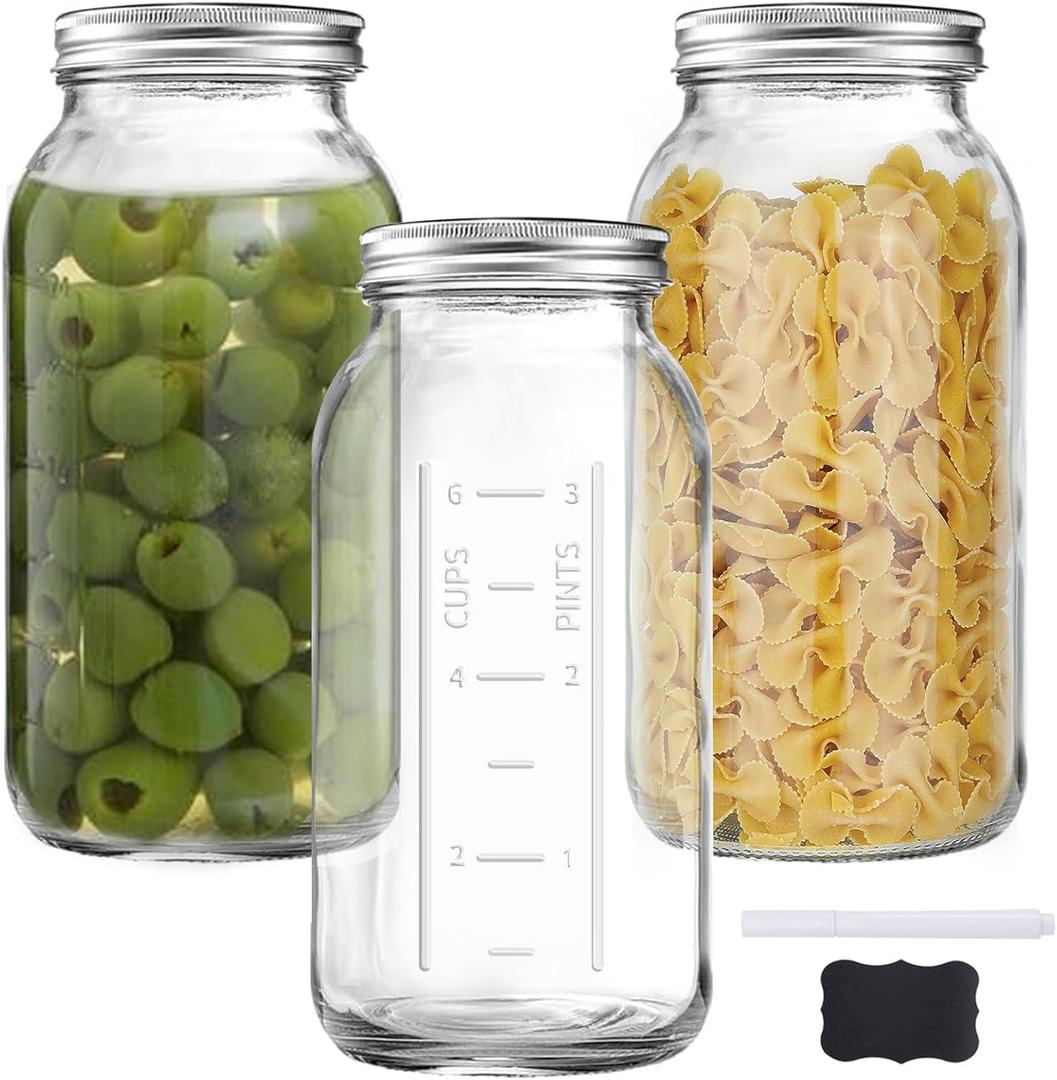 FyndraX 64 OZ Wide Mouth Mason Jars with Lids, Clear Heavy Duty Glass Airtight Storage Canning Jar and Band Half Gallon / 2 Quart Fermenting, Pickling, Storing, Pack of 3