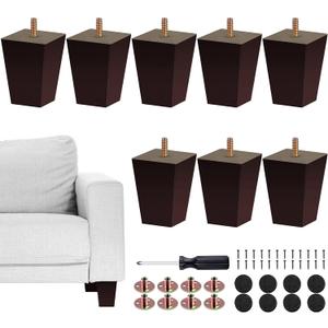 TURSTIN Set of 8 Furniture Legs 3 Inch Square Solid Wood Couch Legs Replacement Sofa Legs Mid Century Furniture Feet for Armchair Bed Dresser Cabinet Include Installation Hardware, Brown
