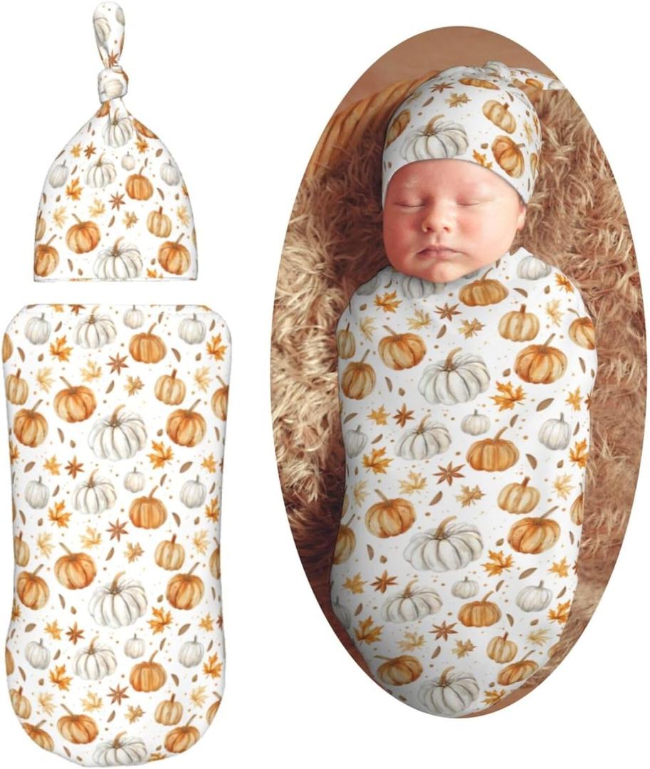 Pumpkins and Anise Stars Newborn Swaddle Blankets Hat Sets Soft Baby Receiving Blanket Swaddle Sack for Baby Shower Infant Boy Girl Gift (One Size)