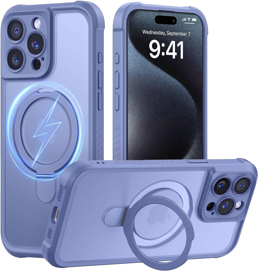 MOCCA Design for iPhone 15 Pro Case with Magnetic Invisible Stand [Full Camera Protection] [Compatible with Magsafe] Military Drop Shockproof Translucent Matte Phone Case Cover 6.1",Lavender Grey