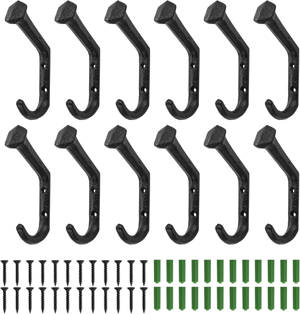 12 Pcs Coat Hooks Backpack, Wall Hooks for Hanging Heavy Duty, Rustic Cast Iron Black Hooks for Clothes/Hats/Keys/Towels/Purses