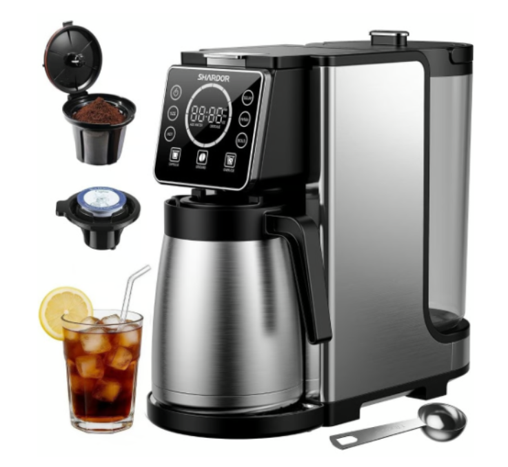 SHARDOR Programmable 5 Cup Drip Coffee Maker, Single Serve Hot & Iced Coffee Machine for K Cup & Grounds, 95oz Removable Reservoir, 6–24oz Brew Size, Strong Brew, Stainless Steel Thermal Carafe, Black