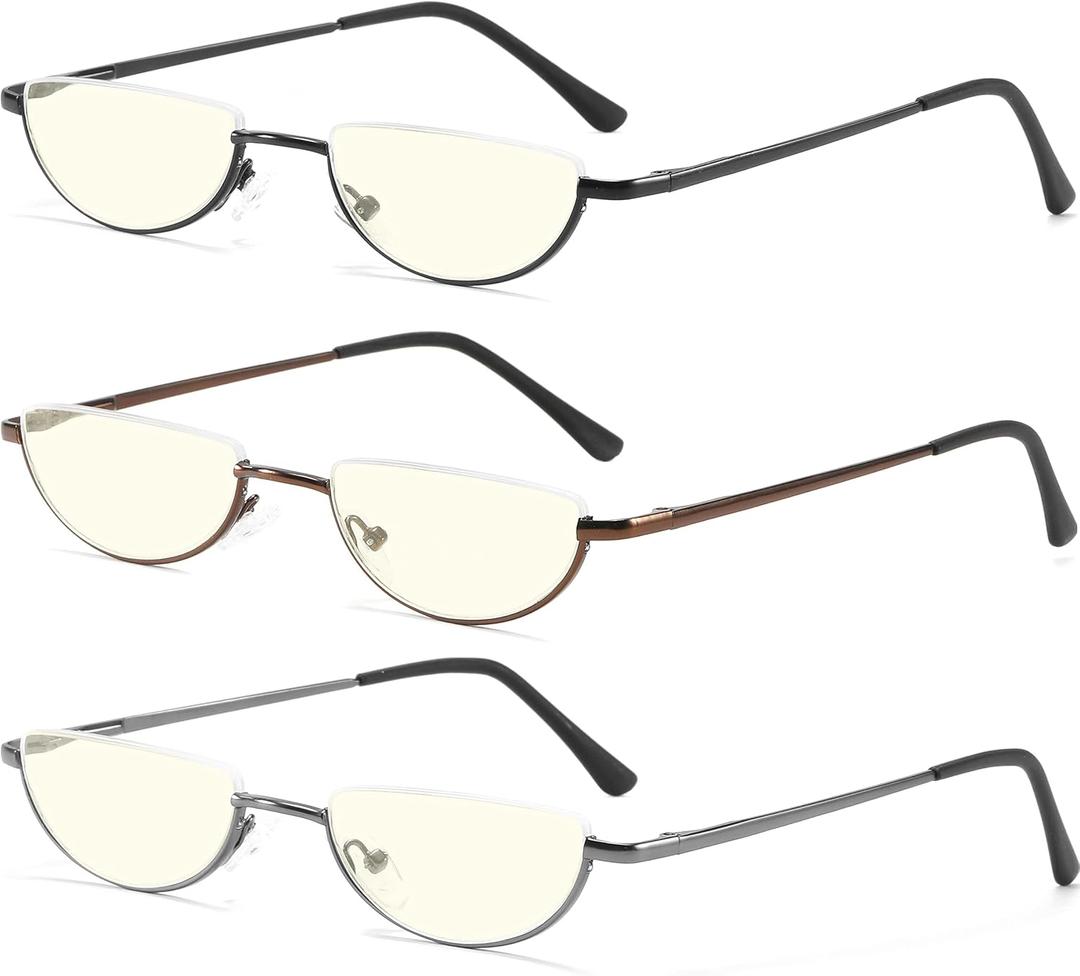 Half Lens Reading Glasses Blue Light Blocking, Half Moon Frame Semi Rim Spring Hinge Readers with Case for Men Women