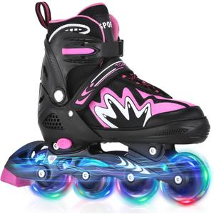 TOMSHOO Adjustable Inline Skates for Kids Outdoor Roller Skates with Full Light Up Wheels Fun Illuminating Skates for Girls and Boys Gift (Large - Youth (3.5-6), Pink)