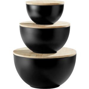 JOYMAY Salad Bowl with Lid, Mixing Bowl Salad Bowl Set, Natural Bamboo Fiber Serving Bowl Set of 3 with Bamboo Wood Lid, Nesting Bowls for Salads,Pastas(Black,10",8",6"), Large