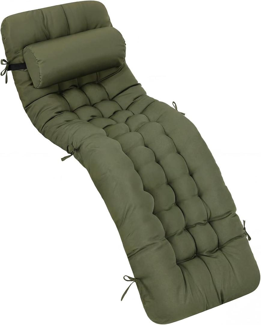Tudomro Outdoor Chaise Lounge Cushion 66x21x4'' Waterproof & Fade-Resistant Patio Pool Chaise Lounge Cushion Headrest Pillow Tie Replacement Rocking High Back Chair(Olive Green,1 Pcs)