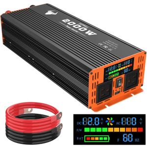 Power Inverter for Vehicle 2000 Watt Car Inverter 12V to 110V Modified Sine Wave Inverter with 2 AC Outlets, USB Port, Dual Smart Fans, Cables Included for Home, RV, Outdoor, Camping, Boat New Upgrade