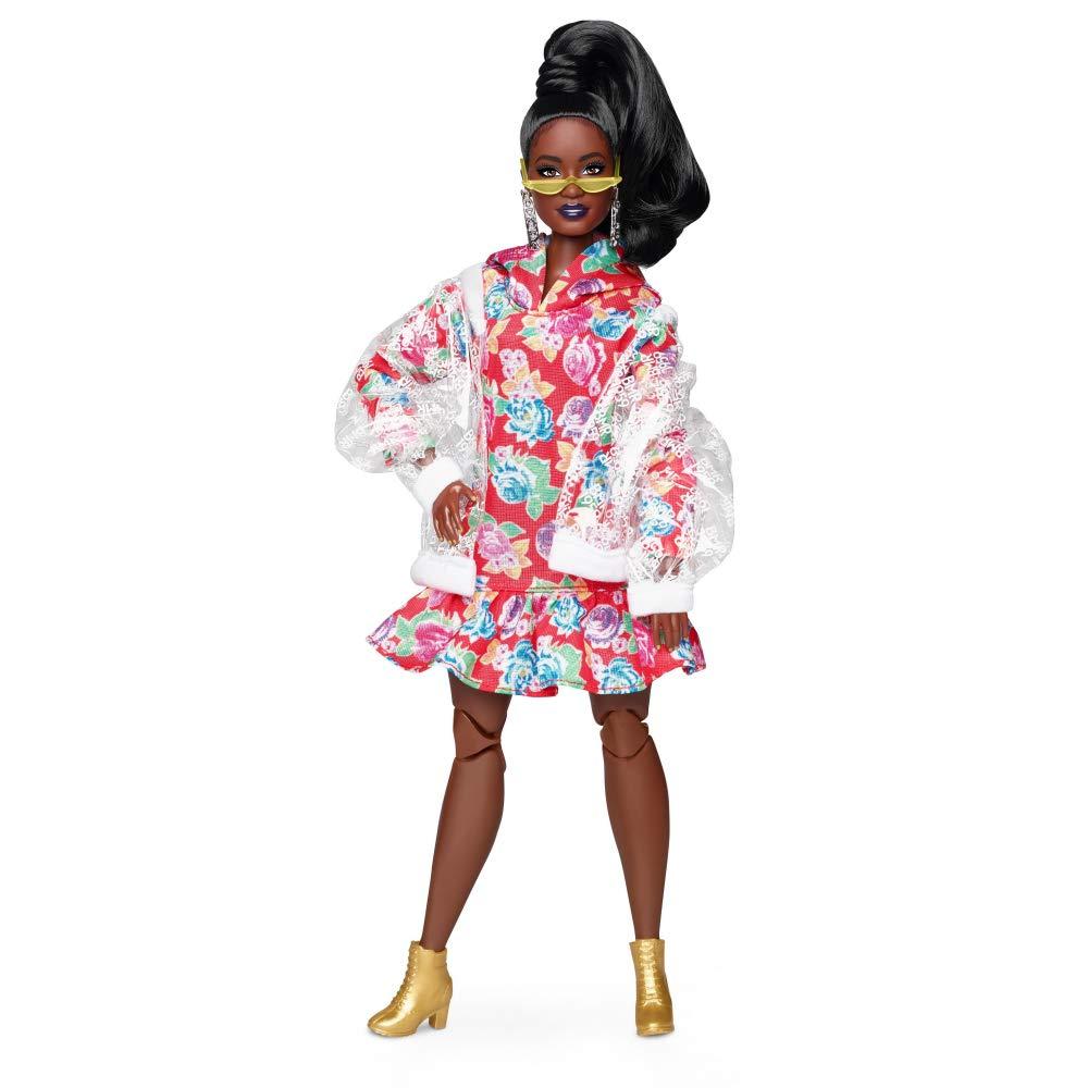 Barbie BMR1959 Fully Poseable Curvy Fashion Doll, Brunette, in Clear Vinyl Bomber Jacket and Floral Hoodie Dress, with Accessories and Doll Stand