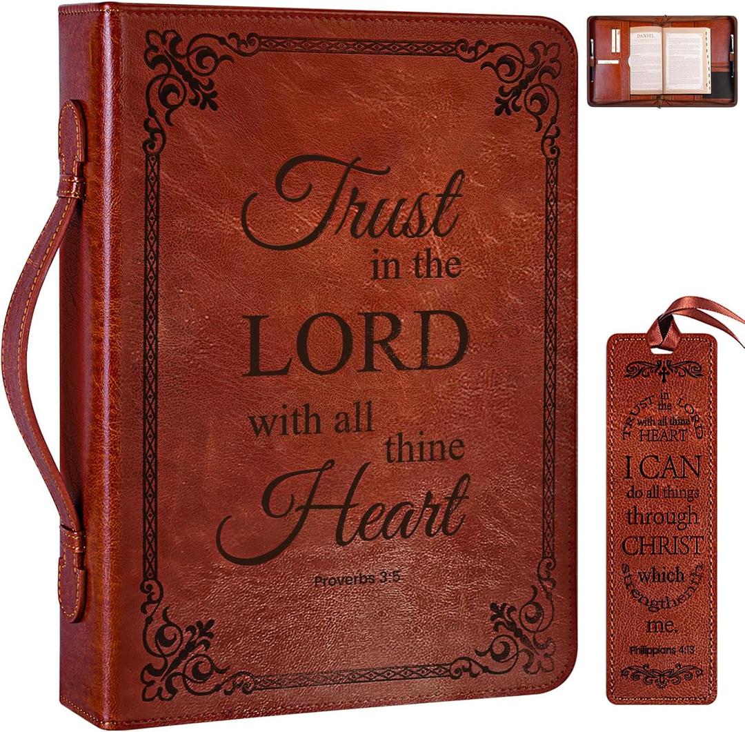 Extra Large Bible Cover Case for Men Women, Mens Bible Covers Cases Leather Bible Cover Carrying Case for Women Men with Handle Zippered Bible Book Cover Holder Bag Case (Brown, XL)