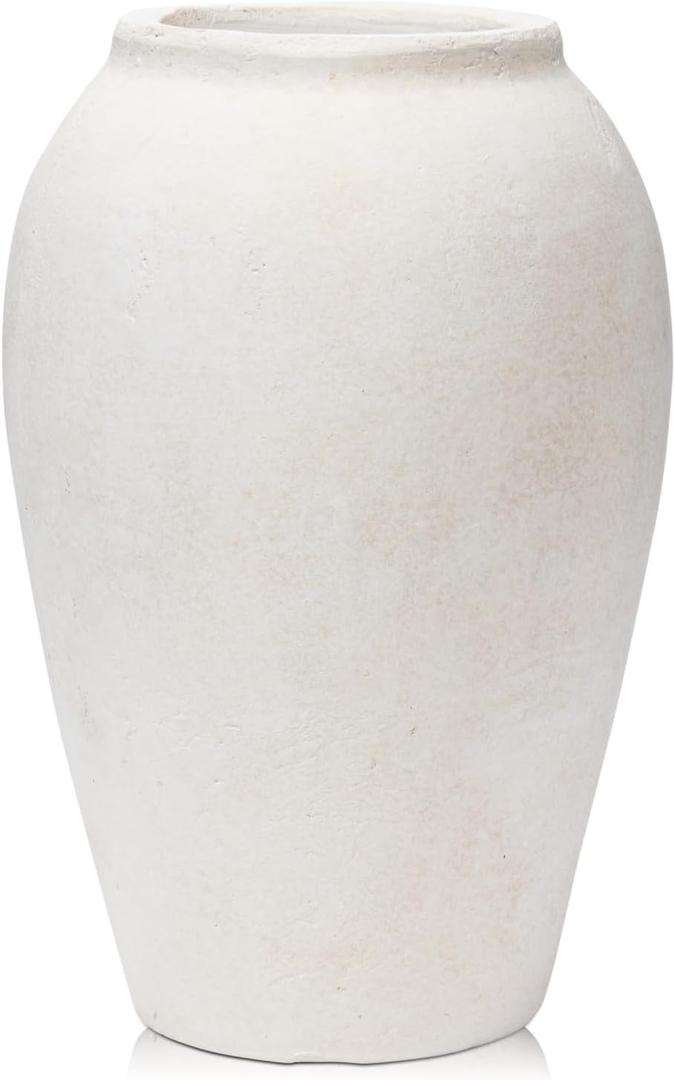 Handcrafted Terracotta Flower Vase, 9.6" Tall, Vintage White Ceramic, Rustic Antique Decor, Wide Mouth, Matte Finish for Home Office Resto Cafe, White