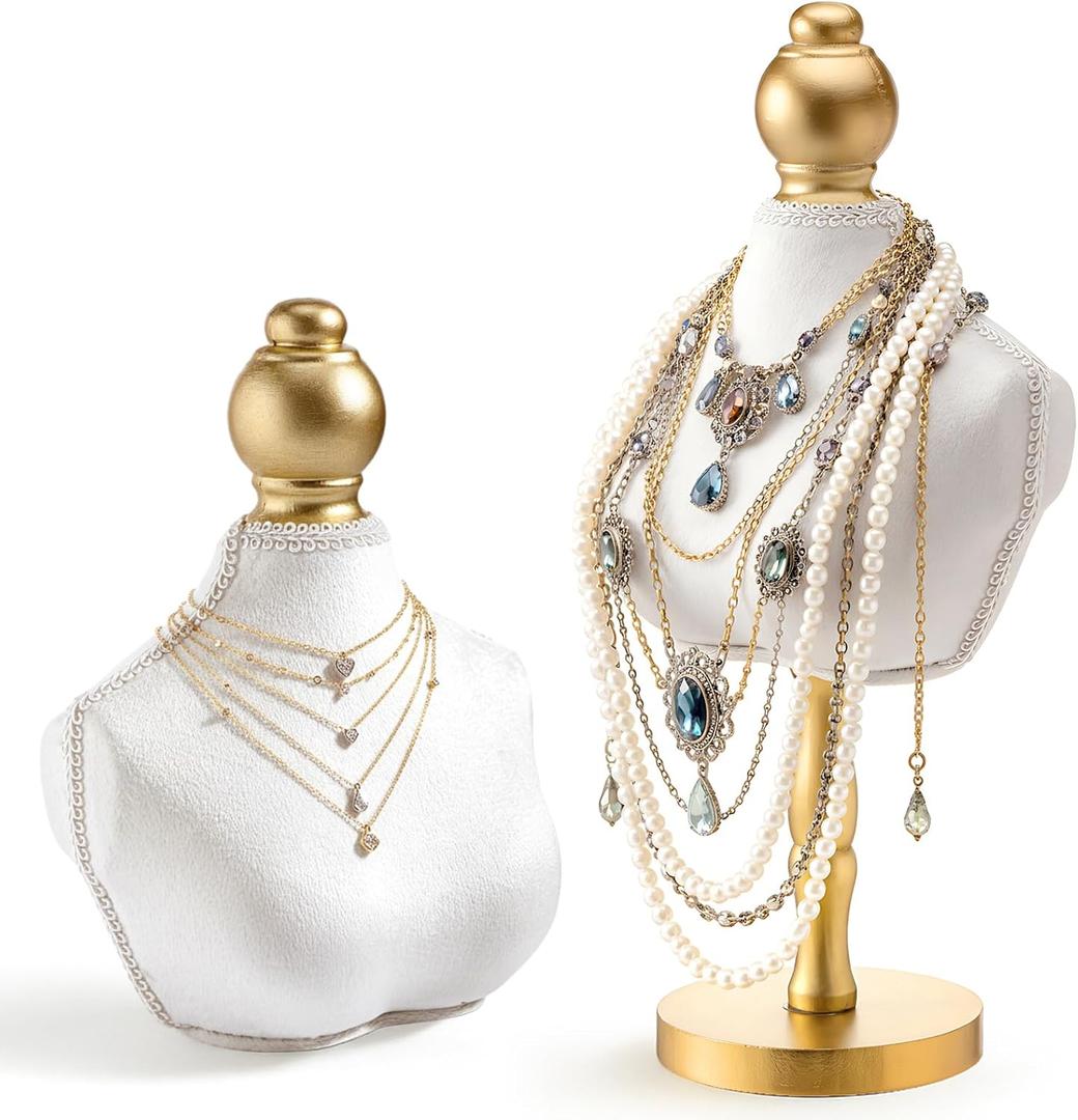 2 Pcs Vintage Velvet Necklace Display Stand Mannequin Velvet Jewelry Necklace Holder Elegant Decor for Wedding Jewelry Selling Trade Shows(White,13.8 and 6.7 Inches)