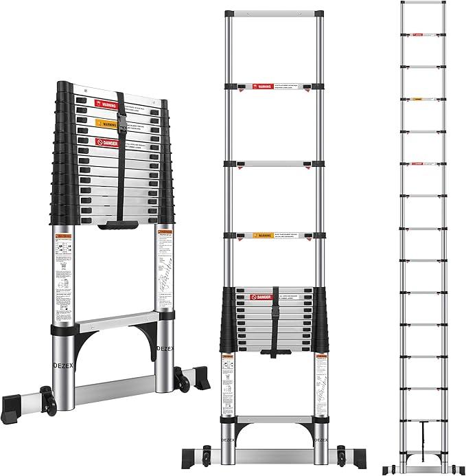 DEZEX 16.5 FT Telescoping Ladders Stainless Steel Telescopic Ladder - Multi-Button Retraction Collapsible Ladder for Home,RV,Loft, Lasts 375 LBS with 2 Triangle Stabilizers,Balance Bar and Wheels