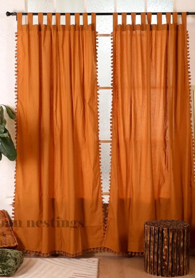 Terracotta Cotton Curtains: Boho Fringed Semi-Sheer Window Treatment 53 inch x 120 inch, PCS 1
