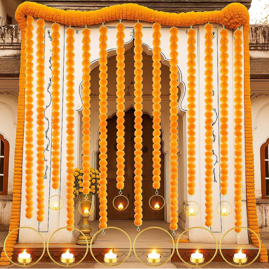 16 Pcs Marigold Garlands for Decorations Artificial Marigold Indian Garland Home Decoration for Pooja Diwali Traditional Indian Wedding Hanging Flower Decor Ganapati Decor(Orange)