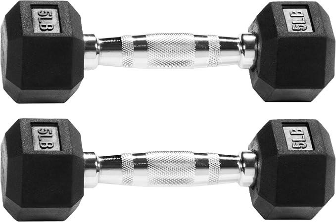 Fitvids Rubber Encased Exercise & Fitness Hex Dumbbell, Hand Weights with Anti-Slip Metal Handle for Home Gym, 2 x 5lb