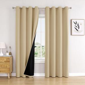 ChrisDowa 100% Blackout Curtains for Bedroom with Black Liner, 2 Thick Layers Total Blackout Thermal Insulated Grommet Window Curtains 2 Panels Set (Beige, 52 x 72 Inch)