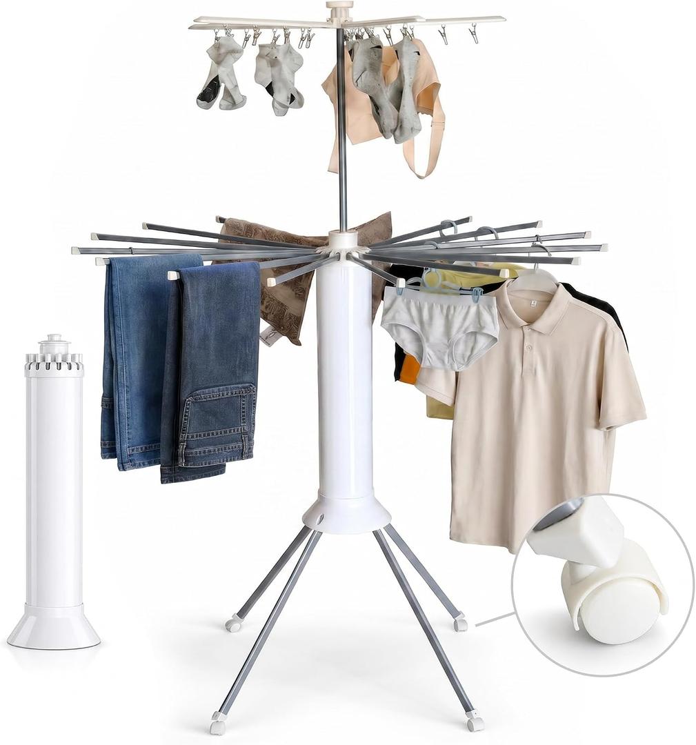 Clothes Drying Rack Foldable with Rolling Wheels, Portable Laundry Drying Rack with 16 Aluminum Arms, Stable 4-Leg Base, 360° Rotating Design for Indoor Outdoor (Double-tier without shoe rack)