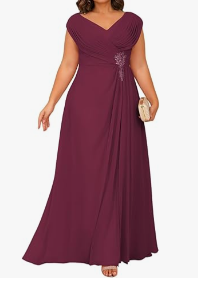Long Chiffon Mother of The Bride Dresses Plus Size for Women V Neck Pleated Wedding Guest Gowns with Pockets LB113, Mulberry, Size 10