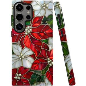 Case for Samsung Galaxy S23 Ultra,Poinsettia Stained Glass Christmas Floral Phone Case Military-Grade Drop Protection Cover for Women Girl - Glossy