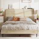 LINSY Full Size Wood Platform Bed Frame with Ergonomic Headboard, Bed Frame Full with Storage Shelf, Noise-Free, No Box Spring Needed - Beige