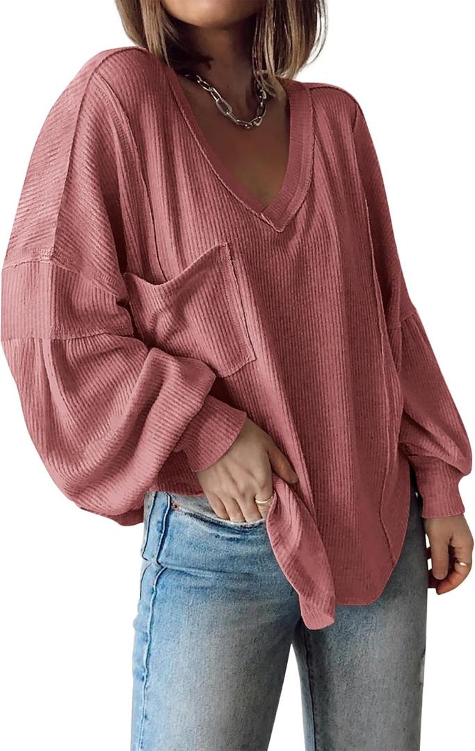 BTFBM Womens Fall Fashion 2025 Long Sleeve Shirts Casual V Neck Ribbed Knit Blouses Pullover Trendy Loose Fit Tunic Tops (Large, Solid Pink)