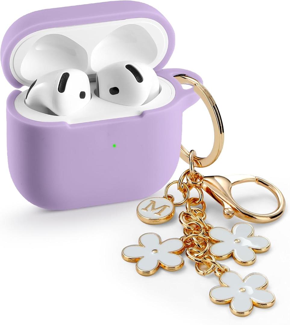 Maxjoy for Apple Airpods 4th Generation Case Cover(2024), Silicone Case with Cherry Blossom Ornament Keychain Compatible with Airpods 4 case for Women,Men-Lavender