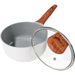2 Quart Nonstick Sauce pan with Lid, Ceramic Sauce Pot for Cooking with Pour Spout, Small Cooking Pot with Handle for Stove, Induction, Gas, Non Toxic, PFOA Free (White, 1 PCS)