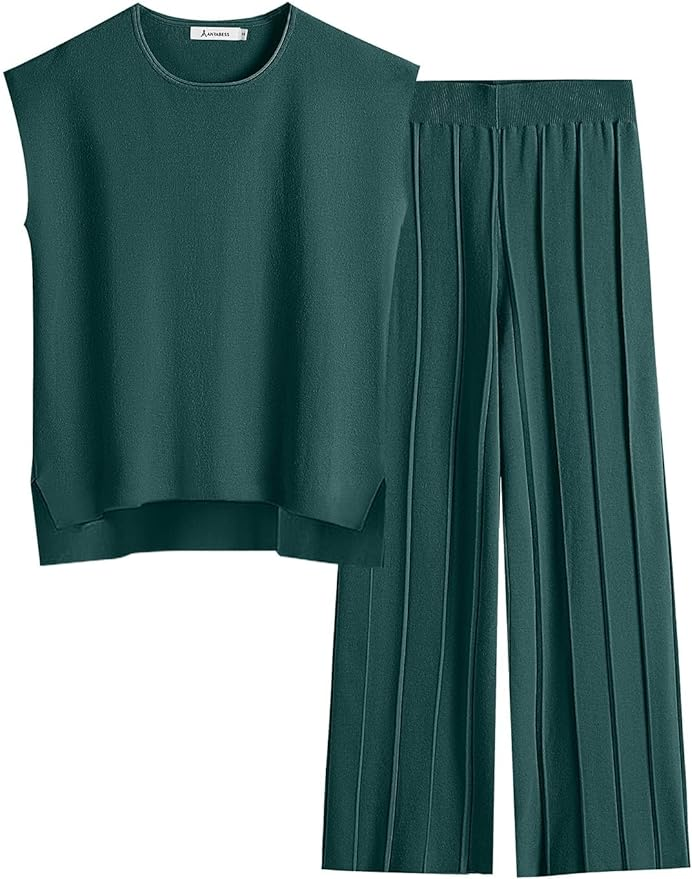 Women's Two Piece Sweater Sets Knit Short Sleeve and Elastic Waisted Wide Leg Long Pants Casual Sports Comfort Sets
, M