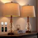 OYEARS Bedside Table Lamps Set of 2 with USB, Modern Bedside Lamps Retro Farmhouse Rattan Glass Nightstand Nightlight Lamps for Bedroom Living Room Dorm,Two Light Points (Wood-Like)