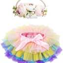 BGFKS Baby Girls Soft Fluffy Tutu Skirt with Diaper Cover,Toddler Girl Tutu Skirt Sets with Flower Headband