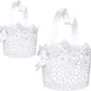Boao Flower Girl Basket Set of 2 White Wedding Flower Baskets with Satin Bowknot and Handle for Wedding Ceremony Petals Confetti Gift Storage Collection, Hollow Design(6.7 x 4.2 x 4 Inch)