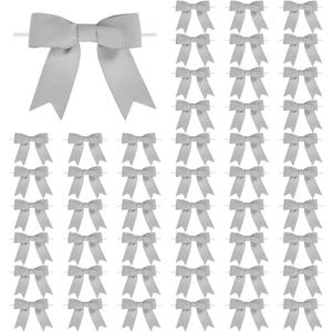 Meseey 50 Pcs 3 Inches Grosgrain Ribbon Twist Tie Bows Light Silver Pretied Premade Craft Bows for Treat Bags Gift Wrapping Basket Wedding Baby Shower Brithday Christmas Party (Light Silver)