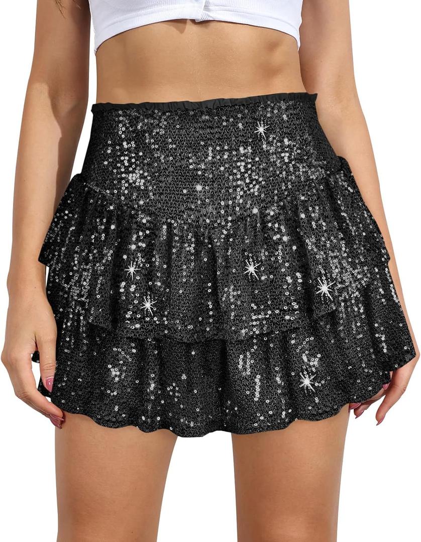 Women Sequin Skirt Sparkly Cute High Waist Ruffle Flowy Shiny Glitter Mini Short Skirts Night Out Club Party Black