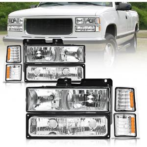 AS Headlights Assembly For 1994 1995 1996 1997 1998 Chevy Silverado / 94 95 96 97 98 Tahoe/Suburban/C10 Chrome Housing Headlight+Corner+Bumper Lights Pair (WHITE)