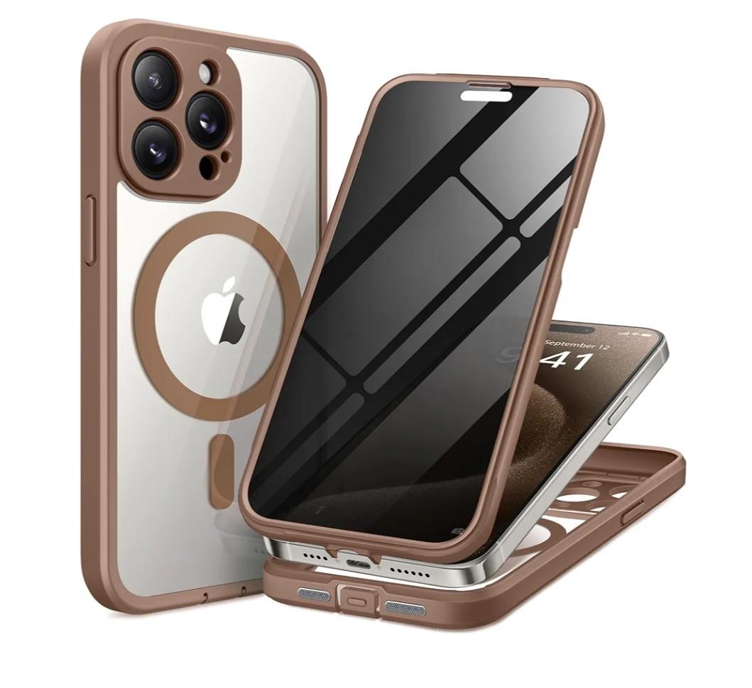 iPhone 15 Pro Max Case, Compatible with MagSafe, Built-in Privacy Screen Protector and Camera Protection, Anti Spy Full Body Dustproof Shockproof Hard Phone Case 6.7", Brown