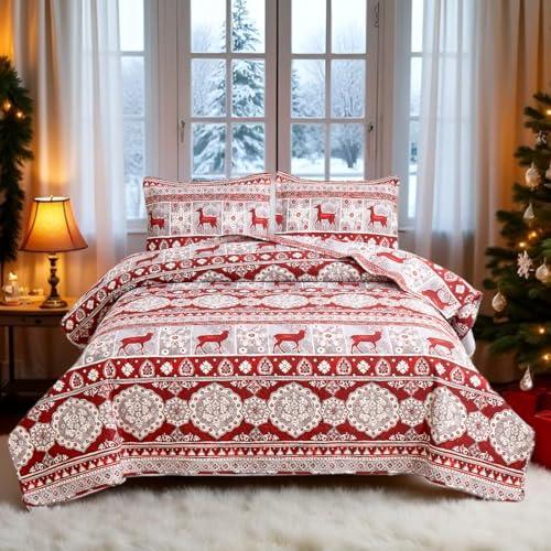 3 Pcs Red Gray Christmas Reindeer Bedding Quilt Set King Size Xmas Deer Bedspread New Year Snowflake Coverlet Holiday Bedroom Home Decor