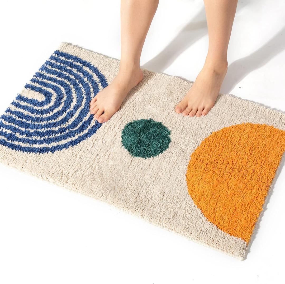 Boho Bathroom Rugs Non-Slip Abstract Bath Rugs Microfiber Cute Mat Black Washable for Tube/Washbasin/Toilet (Beige-Moon, 16"X24")