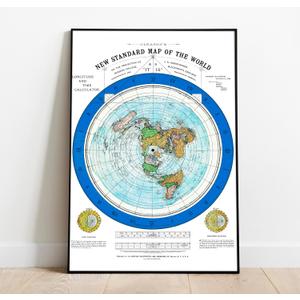 Flat Earth Map of the World - 1892 Alexander Gleason Map -24x36 inches- Wall Art Poster Print Dcor Gift - Circular Plane - Longitude and Time - Polar Azimuthal Projection - Flat Earthers - Unframed Home School Gift Decor (blue ring)