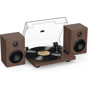 RetroAudio Vinyl Record Player with 24W Bookshelf Speakers, HiFi System Turntable for Viny Records, Vintage Vinyl Player with Magnetic Cartridge, BT in&Out, RCA Out, Auto Stop, 33/45RPM (Brown)