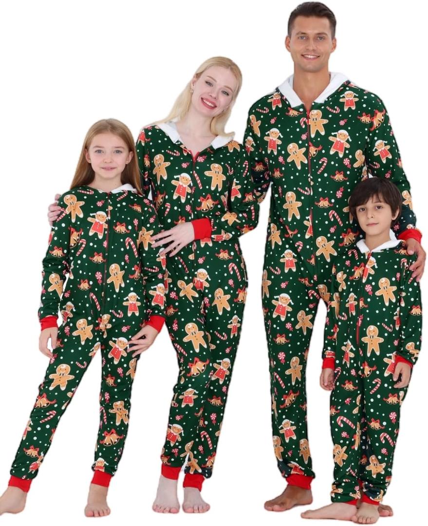 WISHU Matching Christmas Onesie Pajamas for Family, Hooded Cute Christmas PJs, Funny Xmas Holiday sleepwear for Couples and Adult (Women, M, Green Cookie) (Green, M)
