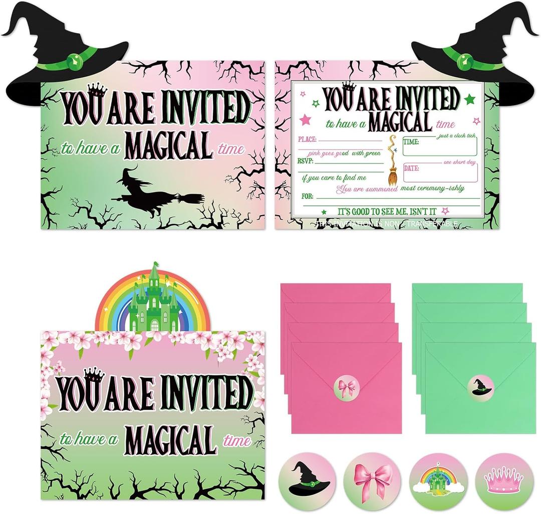 24 Packs Witch Party Decorations Pink and Green Theme Birthday Invitation Card with Envelopes Witch Hat Princess Crown Sticker for Kid Musical Movie Fan Birthday Party Decorations Supplies(4 Styles)