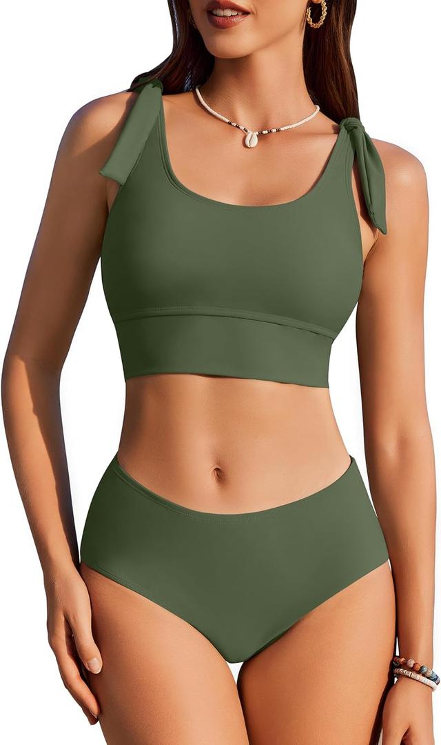 AI'MAGE Womens High Waisted Bikini Sets Sporty Scoop Neck Racerback Swimsuit Two Piece Bathing Suit (Large, Army Green)