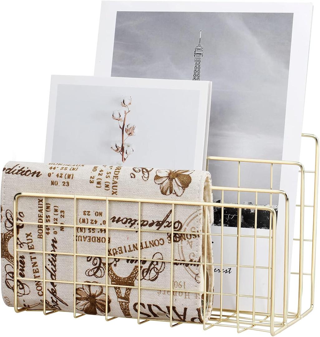 Desktop Mail Organizer File Organizer Metal Wire Mail Sorter Letter Organizer Magazine Rack for Letters, Mails, Books, Postcards, Brochures, Mail Holder (3 Slot, Gold)
