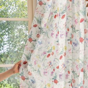 Red Floral Semi Sheer Curtains Linen Textured for Living Room 84 inches Long Rod Pocket 2 Panels Print Green Wildflower Light Filtering Window Drapes for Dining Bedroom