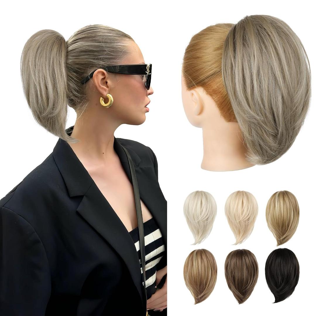 NTYNTY Ponytail Extension - 10" Short Claw Clip in Ponytail Hair Extensions Messy Bun Hair Piece Natural Soft Synthetic Straight Pony Tail Hair Pieces for Women - Ash Brown with Highlights