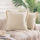 NEXHOME PRO Boho Throw Pillow Covers for Couch Set of 2 18"x18", Handmade Decorative Linen Pillow Covers Shams for Sofa, Living Room, Farmhouse Fringed Cushion Covers, Beige (NO Insert)