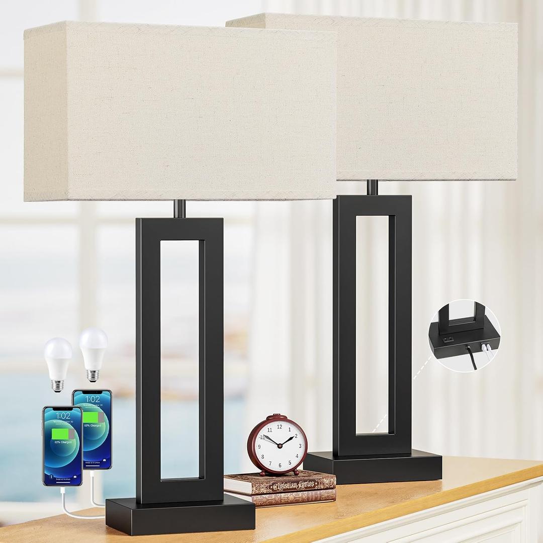 Seealle 26.3in Big Bedroom Table Lamps Set of 2 -Touch Control, 3 Way Dimmable, USB C+A Charging, LED Bulbs, Easy Assembly, Extra Large(26in), A. Beige&Black