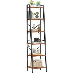 Furologee 6 Tier Ladder Shelf Bookcase, Tall Ladder Bookshelf Narrow with 2 Hooks, Industrial Metal Wooden Shelf Free Standing, Skinny Bathroom Shelves for Bedroom Living Room Kitchen, Rustic Brown